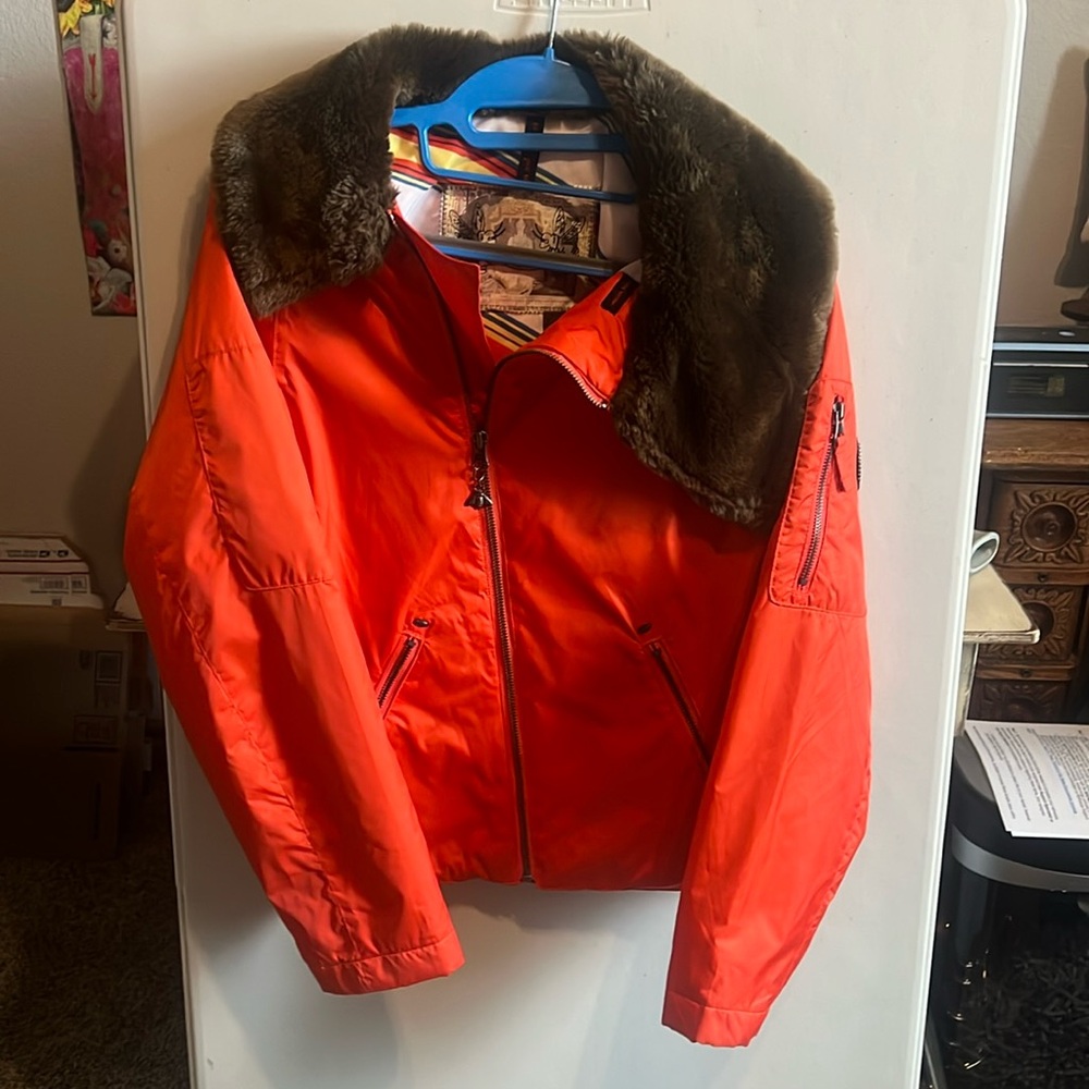 B by Burton Orange Roosevelt Bomber Jacket faux Fur Collar Sz XS